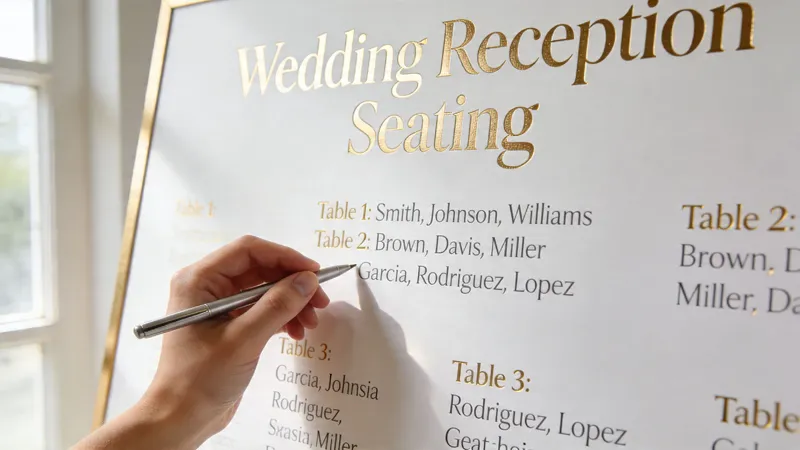 A hand writes on a gold-lettered wedding reception seating chart board near a bright window.