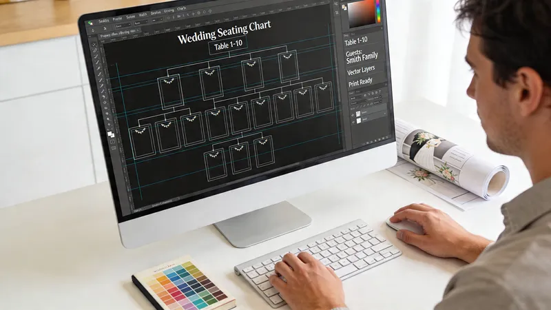 A graphic designer working on a wedding seating chart digital file on a modern computer display.