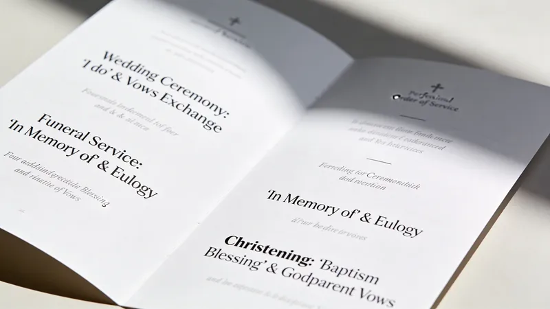 An open booklet showcasing various professional order of service templates for weddings, funerals, and christening ceremonies.