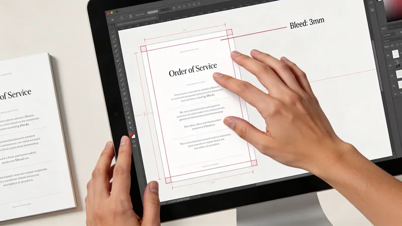 A designer's hands interacting with a screen displaying an Order of Service document layout with bleed settings.