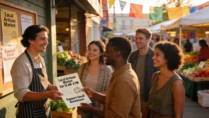 A friendly shopkeeper handing a local artisan market flyer to a couple at a vibrant farmers market.