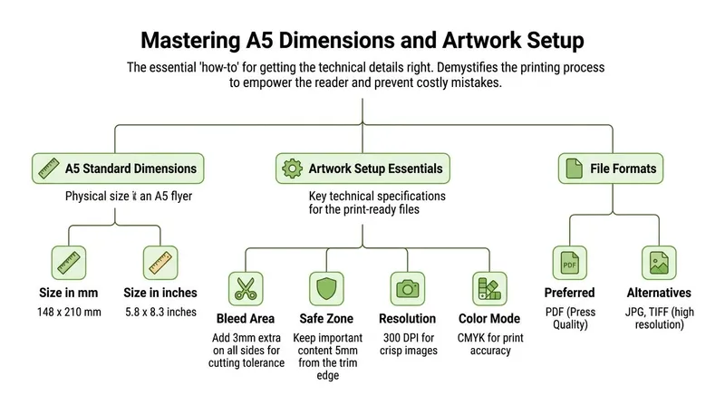 An infographic showing A5 flyer dimensions, artwork setup guidelines, and recommended file formats for professional printing.