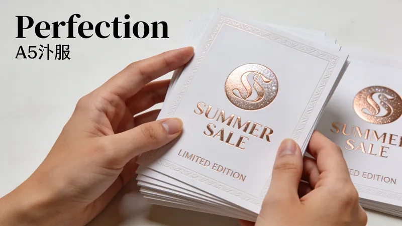 A pair of hands holding a stack of luxury A5 flyers with elegant rose gold foil detailing.