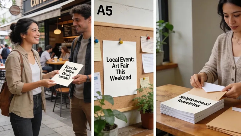 A collage showing a person handing out flyers, an art fair event poster, and someone mailing newsletters.