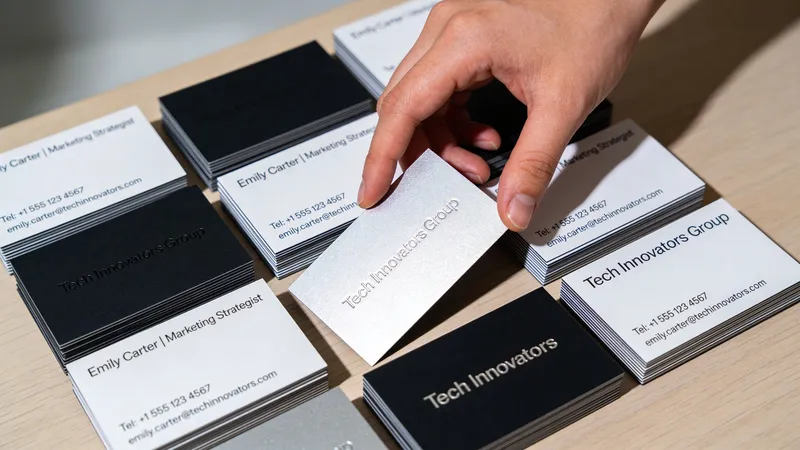 A hand selecting a silver business card from stacks of professional black and white business cards.