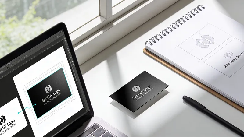 A laptop screen showing a business card design alongside a physical printed card and a sketch pad.
