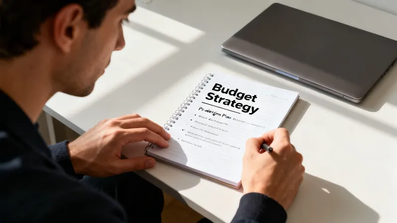 A man carefully writing his budget strategy in a spiral notebook while sitting at a desk.