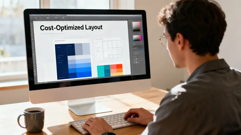 A graphic designer working on a cost-optimized layout design project on their desktop computer at home.