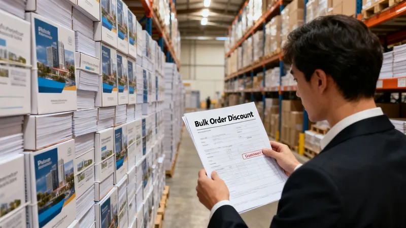 A professional man holding a bulk order discount document inside a warehouse filled with stacks of printed materials.