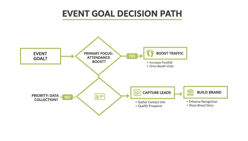 Flowchart illustrating an event goal decision path, detailing goals like boosting traffic, capturing leads, and building brand.