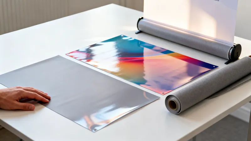 A person's hand on a grey sheet, next to a colorful printed banner and rolls of material on a white table.