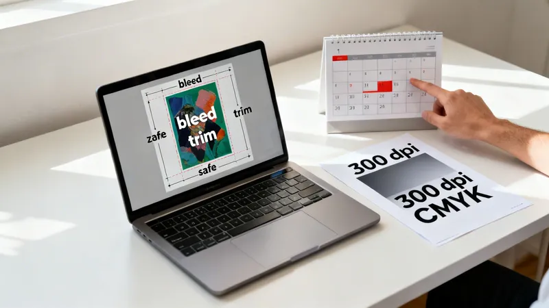 A desk with a laptop displaying print design guidelines, a calendar, and a document with '300 dpi CMYK' text, indicating print preparation.