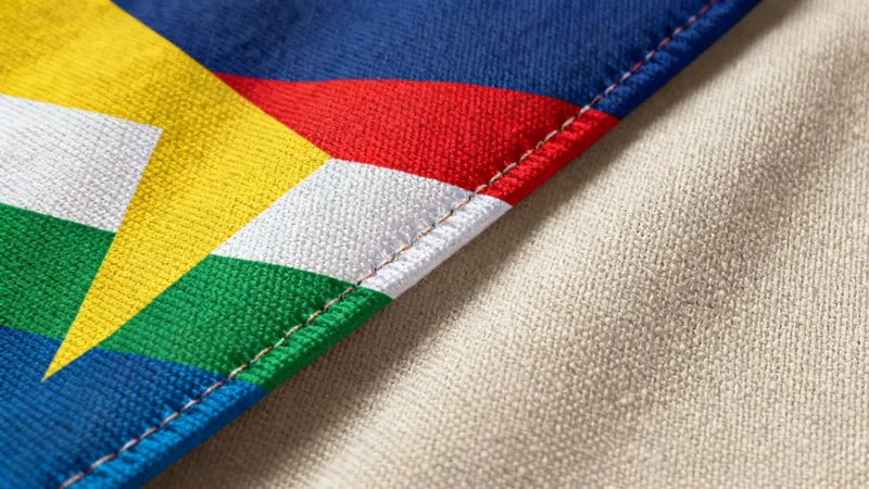Close-up of a vibrant flag, likely Seychelles, with blue, yellow, red, white, and green colors, stitched onto a beige fabric.