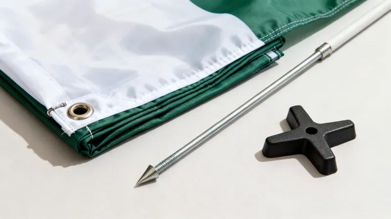 White and green flag kit, folded with grommets, metal pole with spike, and black plastic base.