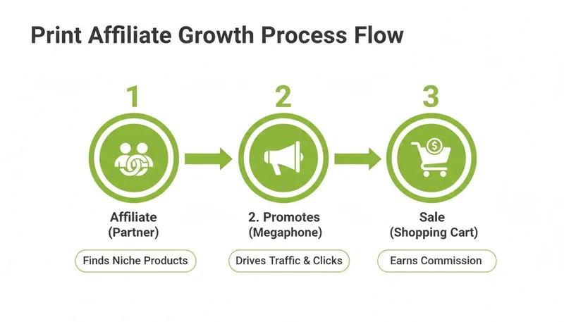 A visual flow chart showing the 3-step print affiliate growth process: affiliate, promotes, and sale.