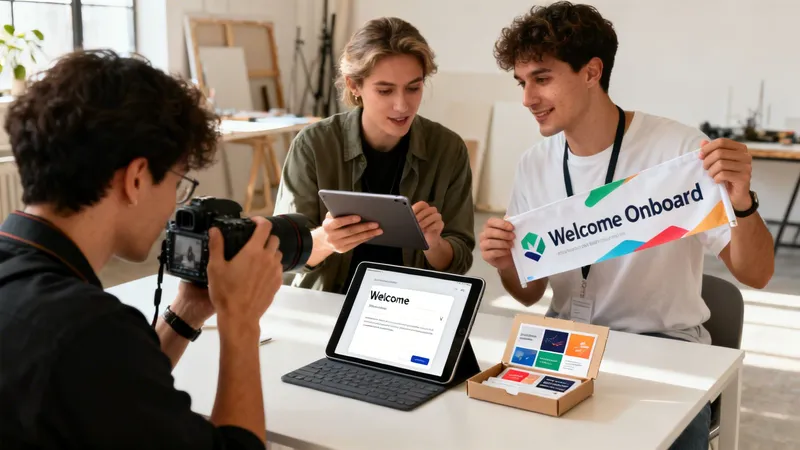 Three young men collaborating on an onboarding project, one taking a photo, another holding a 'Welcome Onboard' banner.