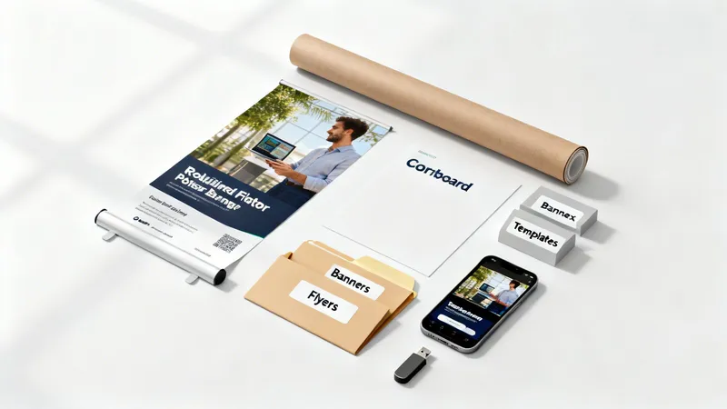 Marketing materials on a white desk, including a banner, folders, flyers, phone, and USB.