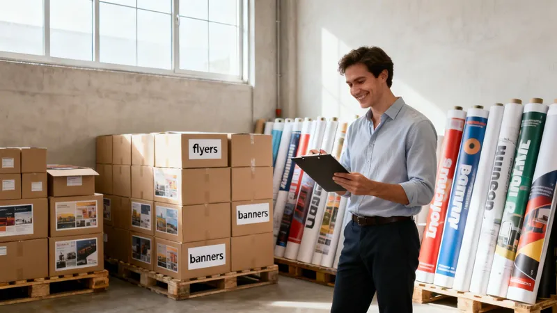 A smiling man checking inventory of flyers, banners, and printing rolls in a print shop.
