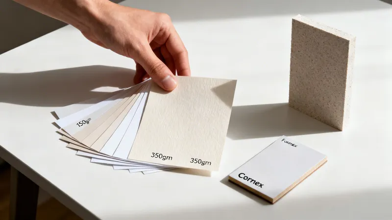 A hand holds paper weight swatches (150gsm, 350gsm) in various tones, next to material samples.