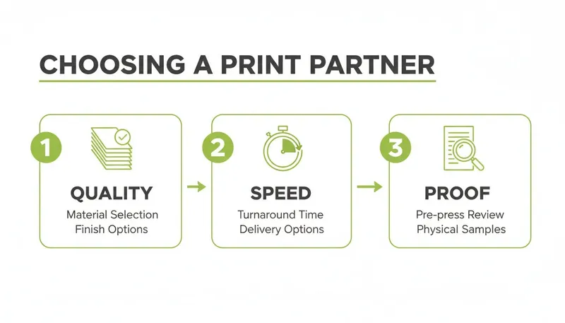 Infographic outlining three key factors for choosing a print partner: quality, speed, and proof.