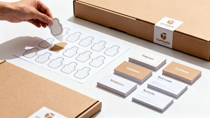 A hand peels a white sticker from a sheet next to branded cardboard boxes and business cards.