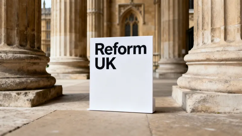 A white sign displaying "Reform UK" stands on a paved area, flanked by large stone columns and a grand building.