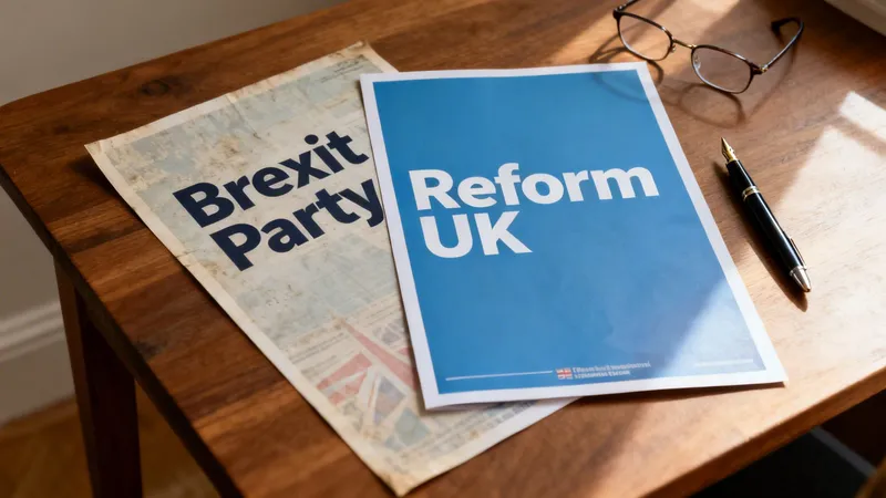 Political leaflets for Brexit Party and Reform UK on a wooden table with glasses and a pen.