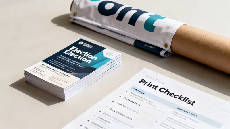 A stack of election flyers, a rolled-up campaign banner, and a print checklist on a table.