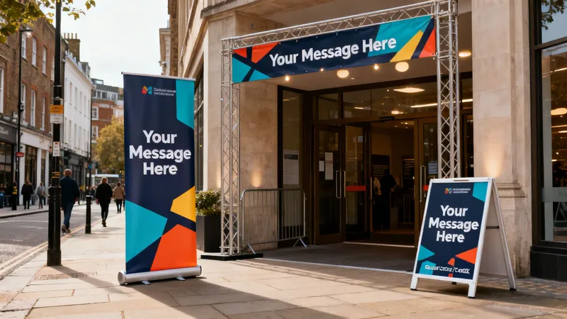 Three vibrant outdoor banners and an A-frame sign display 'Your Message Here' outside a building entrance on a city street.