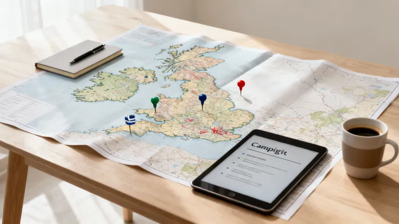 A map of the UK and Ireland with colorful pins, a tablet, notebook, and coffee, showing travel planning.