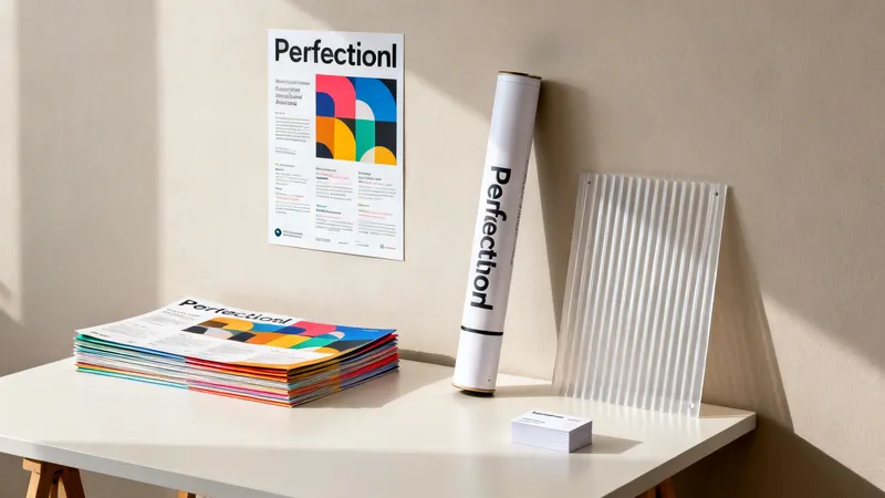 Marketing materials display featuring a poster, brochures, a rolled print, and business cards for 'Perfection!'.