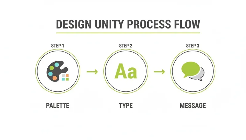 A visual representation of the design unity process flow, showing steps for palette, type, and message.