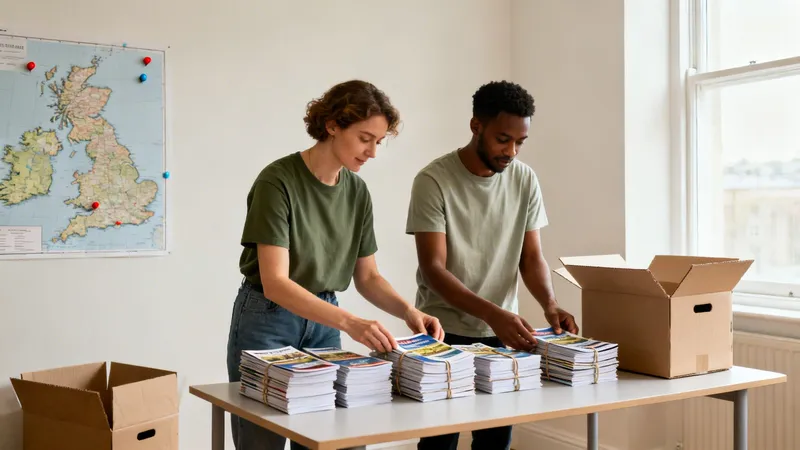 Two diverse people, a man and a woman, are sorting stacks of brochures on a table.