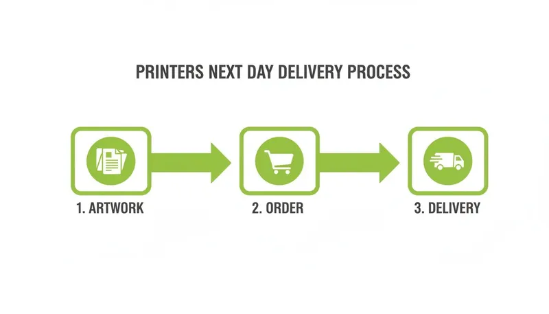 A graphic illustrating Printers Next Day Delivery Process in 3 steps: Artwork, Order, Delivery.