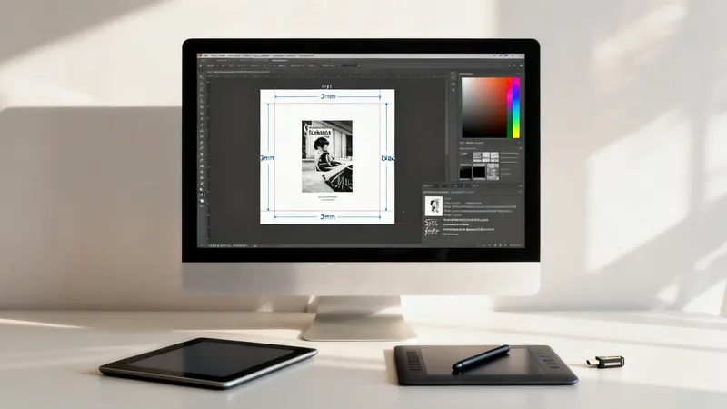 A digital workspace featuring an iMac displaying design software, a tablet, and a graphics tablet on a clean desk.