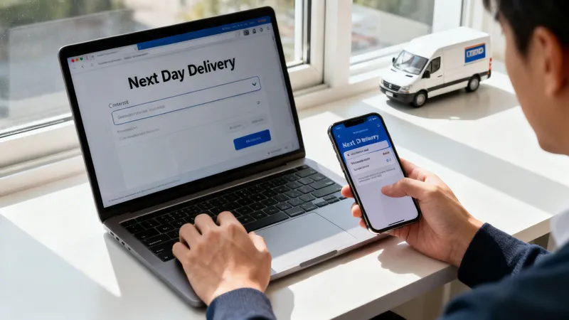 Person using laptop and smartphone to order next-day delivery, with a model delivery van nearby.