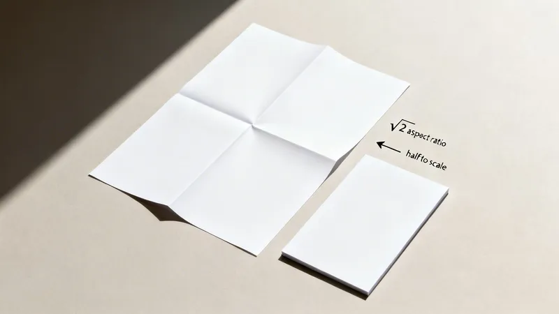 White papers on a beige background illustrating the √2 aspect ratio and standard paper sizes.