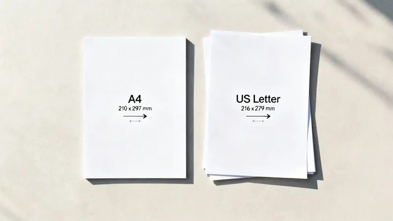 Two stacks of white paper showing A4 (210x297mm) and US Letter (216x279mm) sizes side-by-side.
