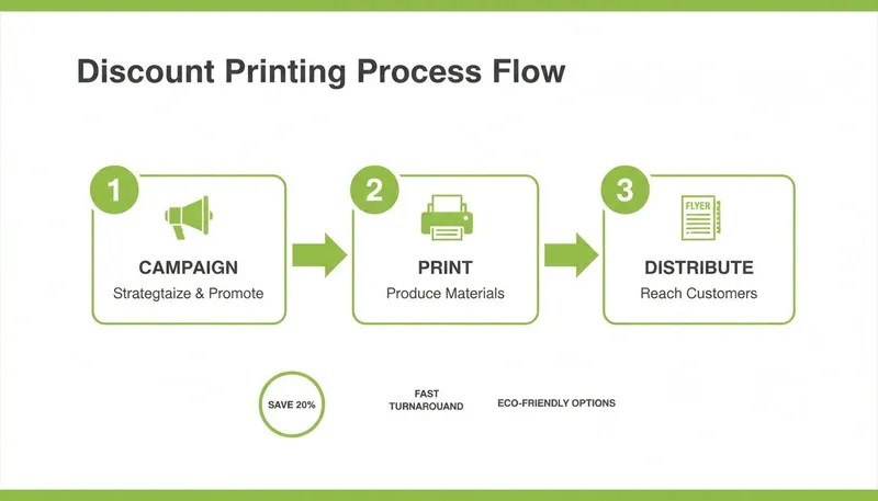 Discount printing process flow: campaign, print, and distribute, emphasizing 20% savings, fast turnaround, and eco-friendly options.