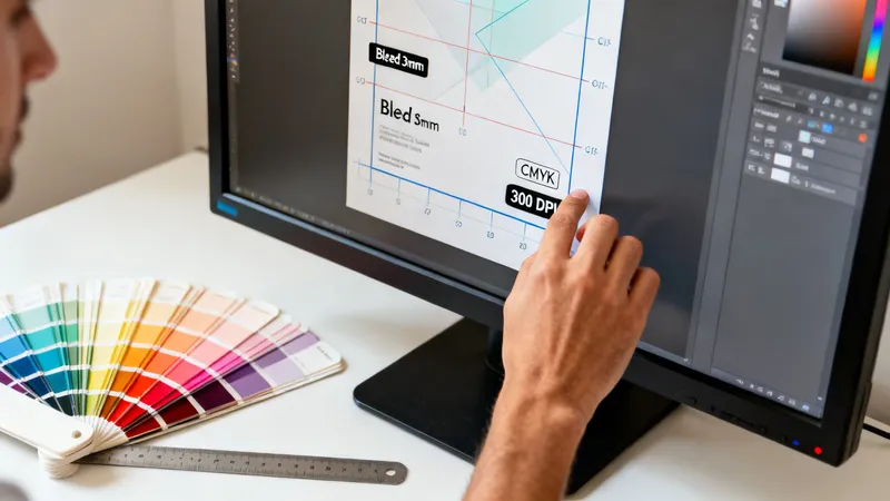 A designer's hand interacts with a monitor displaying print specifications and a color swatch fan on a desk.