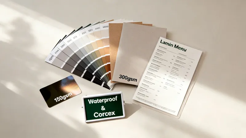 A collection of printing materials, including color swatches, kraft notebooks, a laminated menu, and a sign.