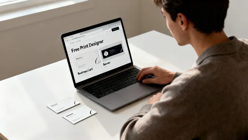 A man uses a laptop to design, with a 'Free Print Designer' website open and business cards on the white desk.