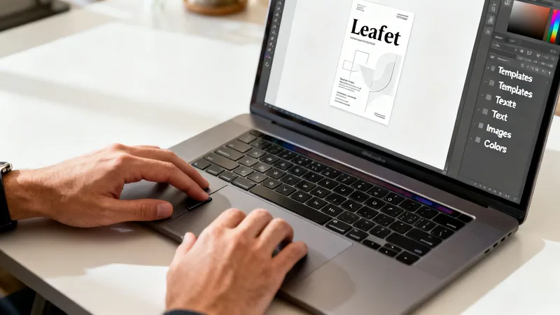 A person's hands using a laptop to design a leaflet on screen with graphic design software.