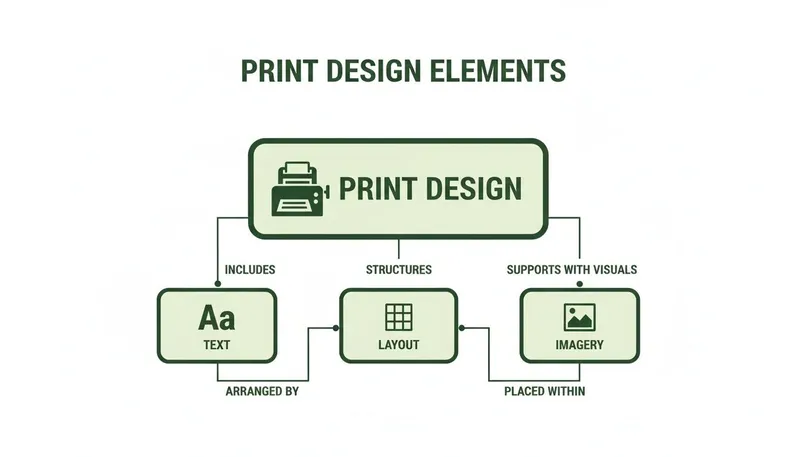 Flowchart illustrating print design elements including text, layout, and imagery, detailing their interconnections.