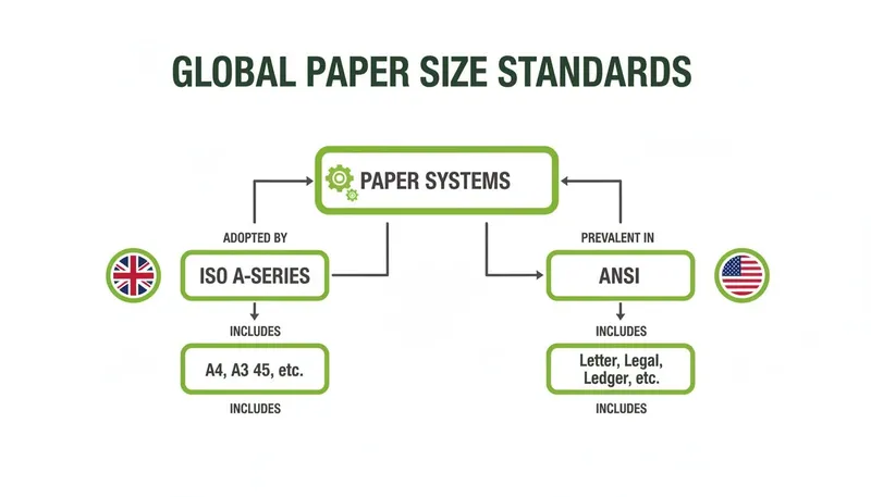 A flowchart illustrates global paper size standards, detailing ISO A-series adopted by UK and ANSI prevalent in the US.