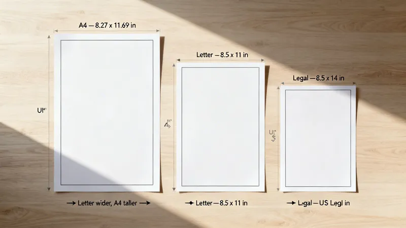 Three white paper sheets, A4, Letter, and Legal, with dimensions in inches on a wooden table.
