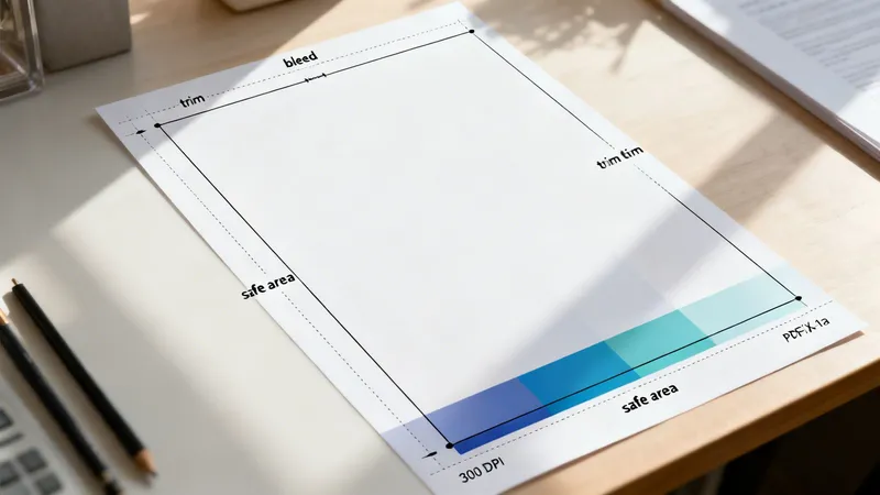 A sheet of paper illustrating print design terms like bleed, trim, and safe area on a wooden desk.