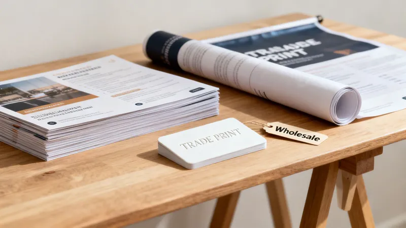 Printed brochures, a rolled poster, and 'TRADE PRINT' cards with a 'Wholesale' tag on a wood desk.