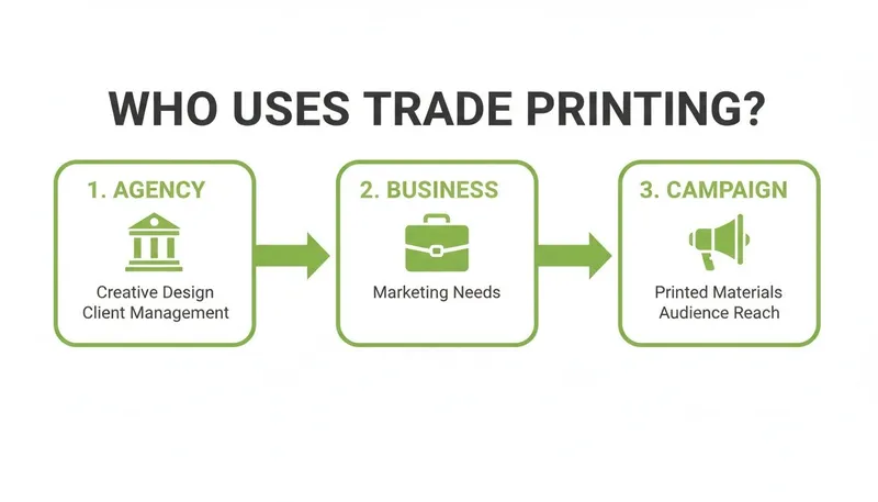Flowchart illustrating who uses trade printing, detailing roles of agencies, businesses, and campaigns.