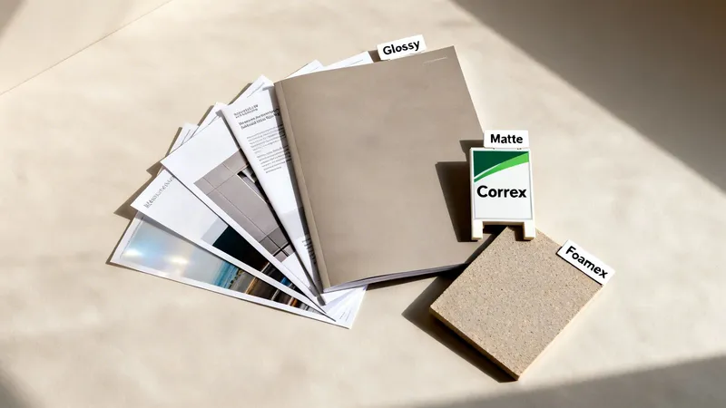 Close-up of print material samples including glossy paper, matte board, Correx, and Foamex, on a light background.